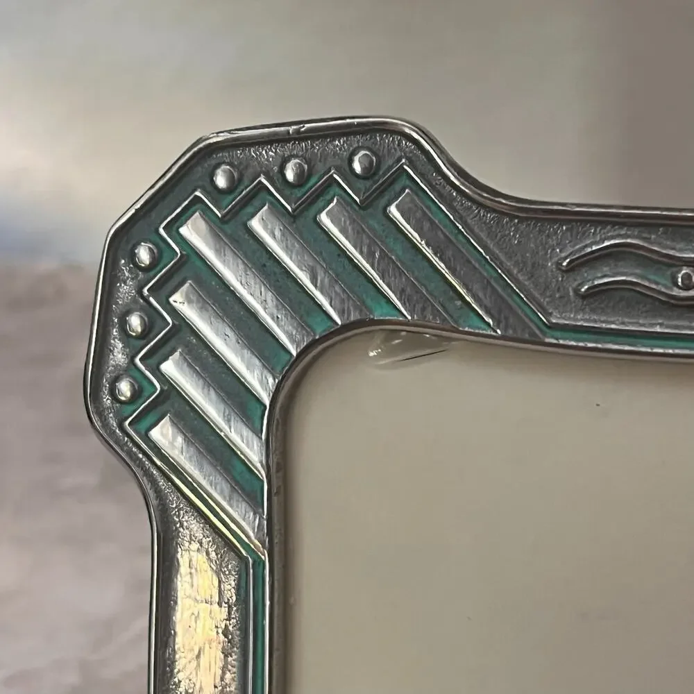 Vintage Silver Toned Picture Frame 4.5 x 6.5 in Aqua Accents Textured Easel Back